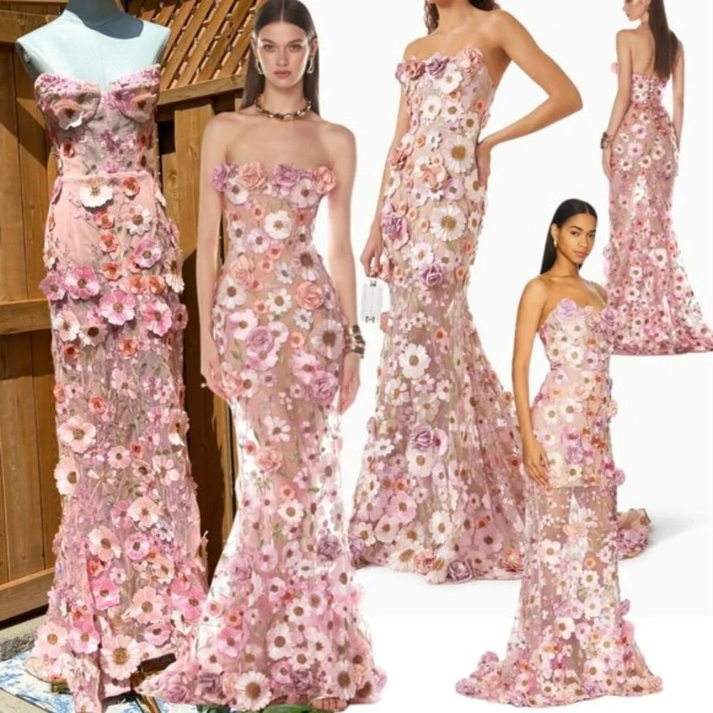 🆕 BRONX & BANCO 🧿 NWOT Jasmine Floral-Appliqued Gown, Pastel Pink Sz M US 6 - Picture 1 of 16